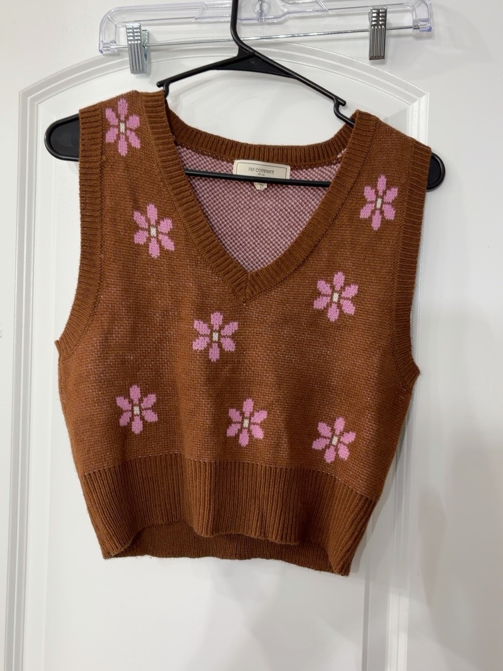 Floral Knit V-Neck Sweater Vest in Brown and Pink